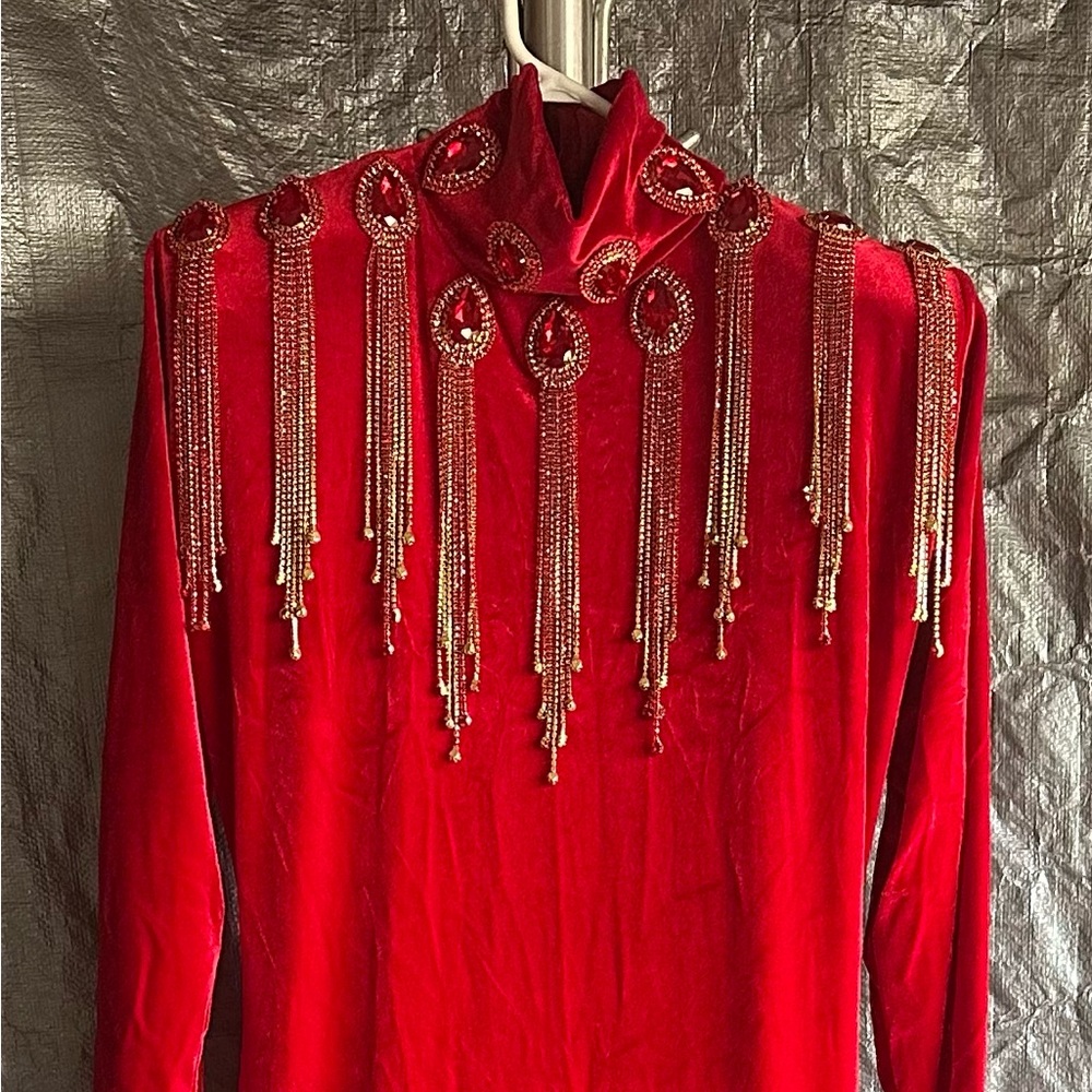Glamorous Red Beaded Long Sleeve Dress